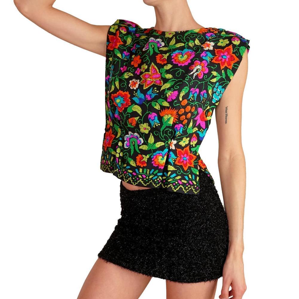 Vintage 80s/90s silk black & multicolor floral sleeveless blouse